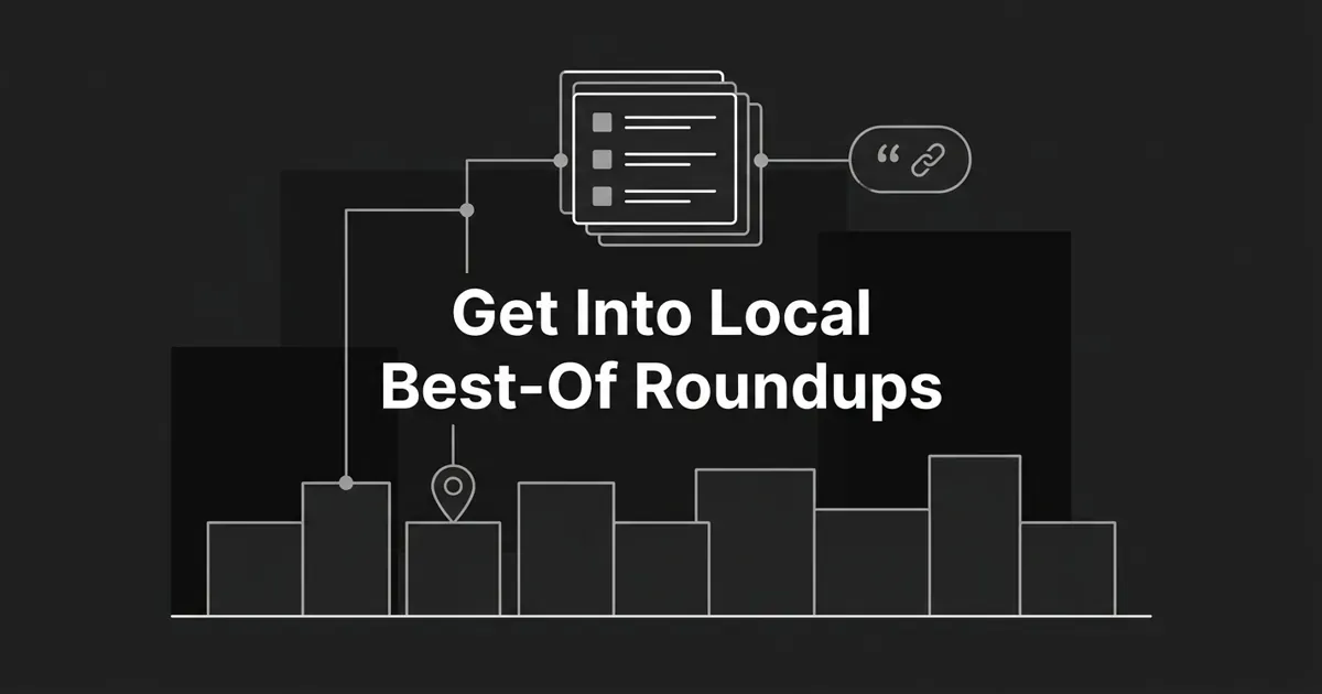 Monochrome line illustration of a city skyline with a map pin connected upward to a stack of ranked list cards that feed a quoted citation link, under the cover line 'Get Into Local Best-Of Roundups'.
