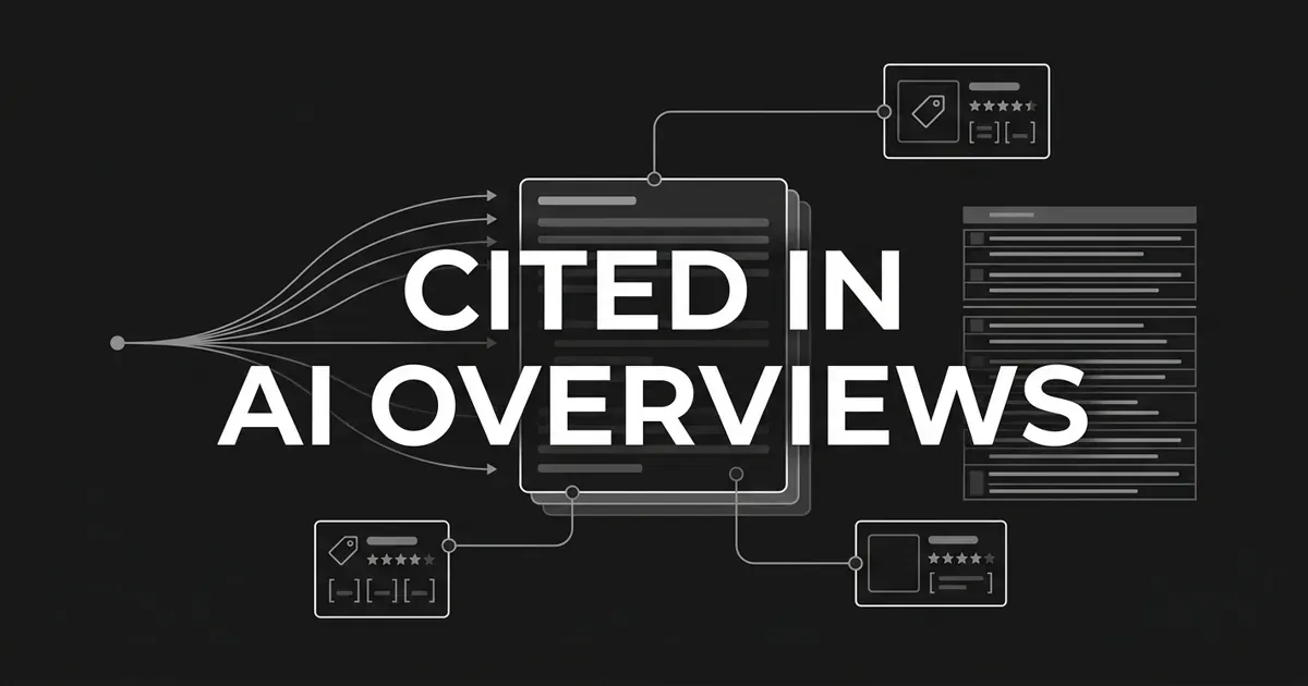 Monochrome illustration of a central answer panel fed by a fanned-out query line and linked to three product cards showing price tags and star ratings, with a product feed stack alongside, under the cover line "Cited in AI Overviews".