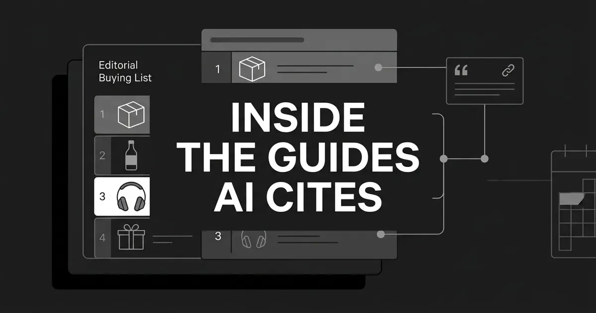 A monochrome diagram of a numbered editorial buying list with product icons, one entry highlighted in white and linked by thin lines to a citation panel and a calendar fragment, beneath the cover line Inside the Guides AI Cites.