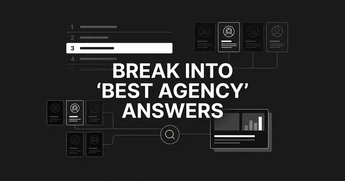 Monochrome cover reading 'Break Into Best Agency Answers' with white linework of a ranked list where one row is highlighted, directory profile cards feeding a central search icon, and a case-study card with a small bar chart on charcoal.