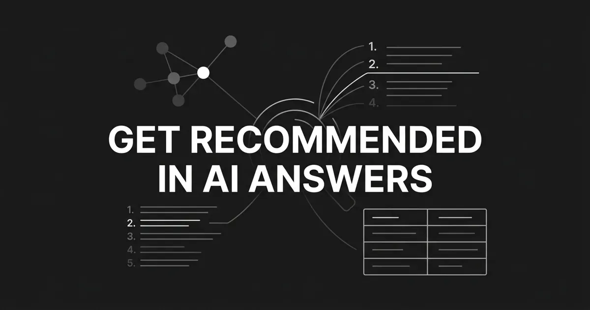 Monochrome cover reading 'Get Recommended in AI Answers' with white linework of a connected node cluster (one node highlighted), a ranked numbered list, and a comparison table on charcoal.