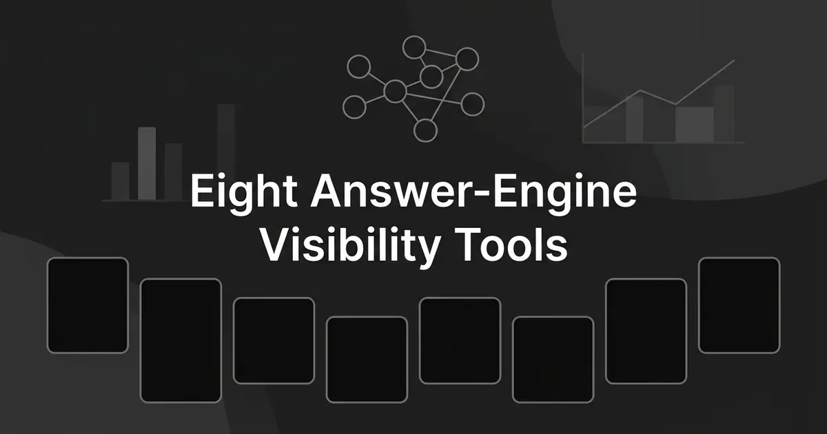 A charcoal cover illustration with the white cover line Eight Answer-Engine Visibility Tools centred above a row of eight blank cards, with a small node graph and faint chart fragments behind it.