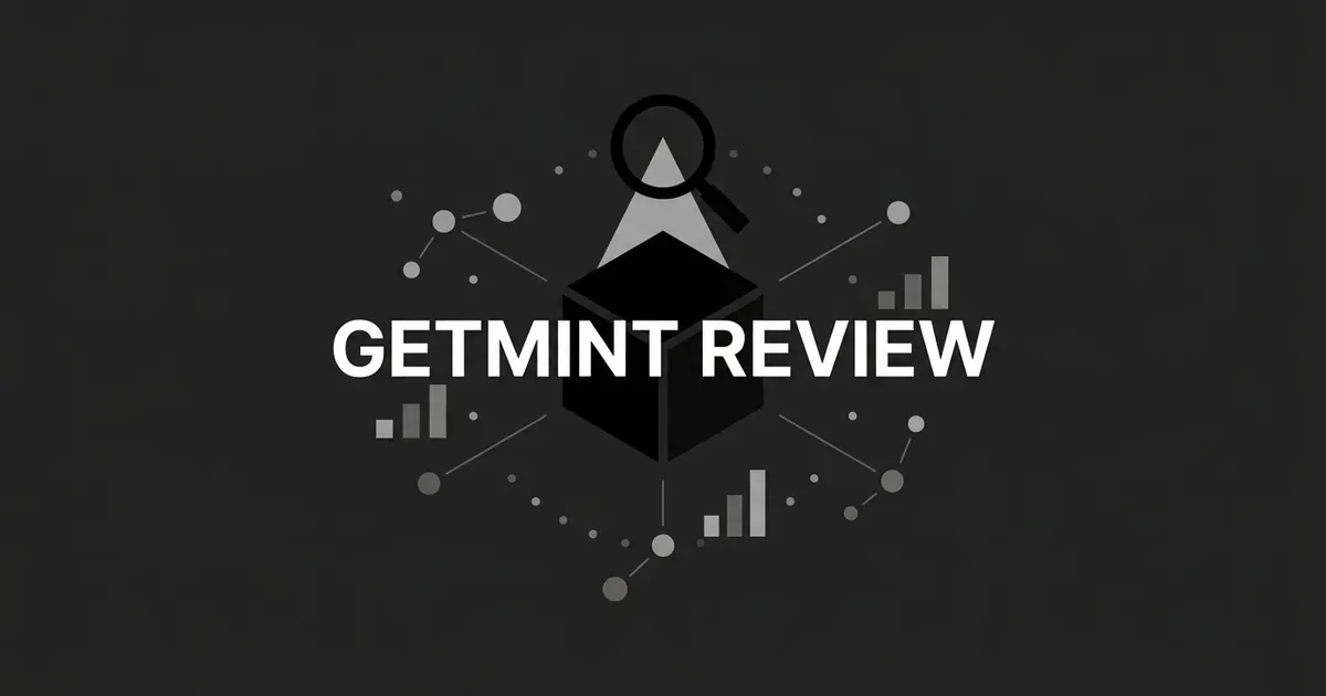 Monochrome illustration of a magnifying glass scanning a single geometric node surrounded by connection lines and small chart bars, with the text Getmint Review.