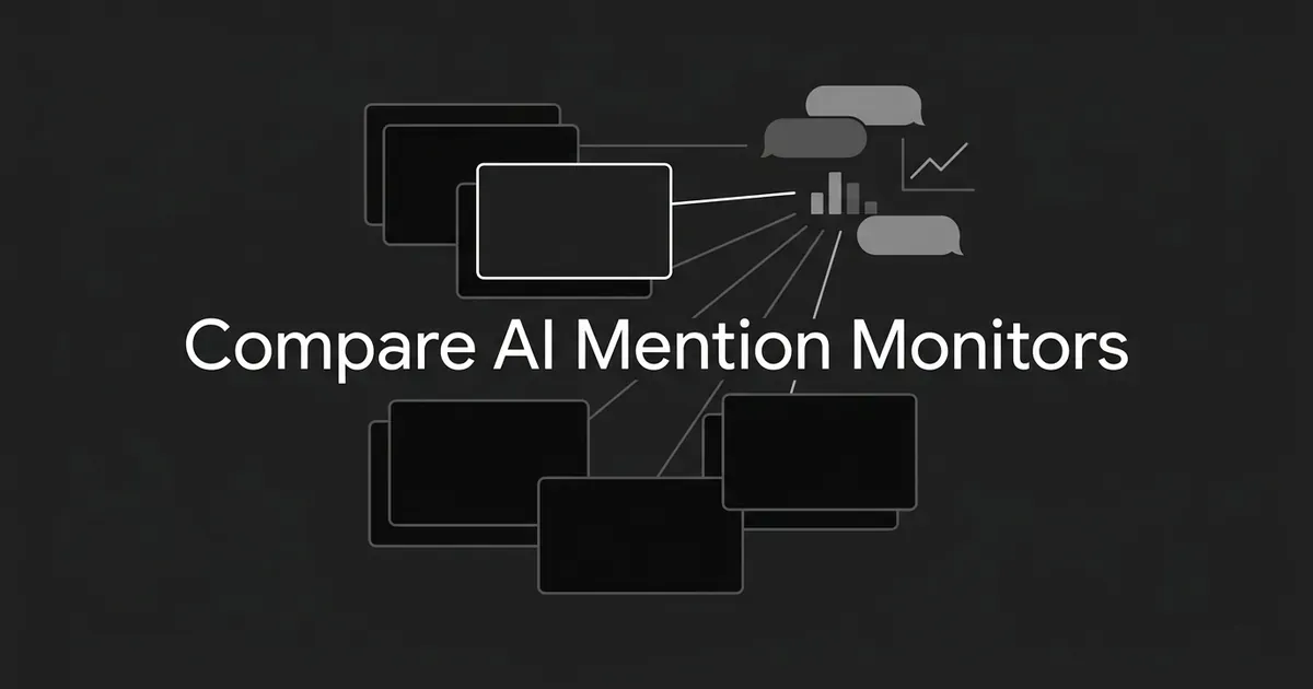 A monochrome illustration of layered cards, one outlined in white, wired to answer bubbles and small chart fragments, under the line Compare AI Mention Monitors.