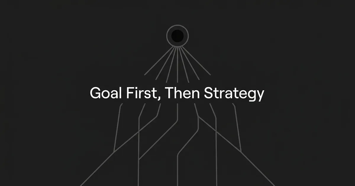 Abstract monochrome illustration of several branching route lines converging upward on a single fixed target node, with the text Goal First, Then Strategy centered on a charcoal background.