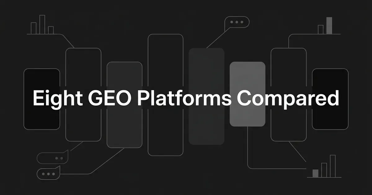 A monochrome illustration of eight outlined cards in a row, one filled brighter than the rest, wired by thin lines to answer bubbles and small bar-chart fragments, under the line Eight GEO Platforms Compared.