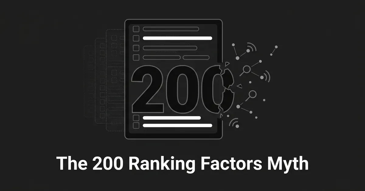 A cracked, fragmented number 200 breaking apart from a faded checklist, with scattered signal nodes drifting away, illustrating the 200 ranking factors myth.
