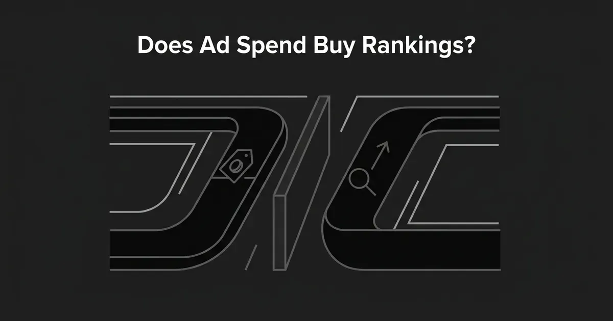 Two separate abstract lanes, one marked with a price tag for paid search and one marked with a search icon for organic search, divided by a wall, illustrating that the two systems never cross.