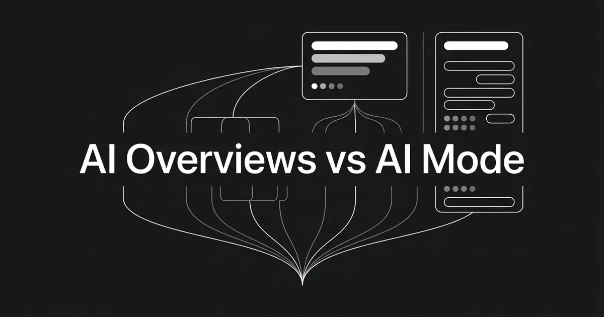 Monochrome diagram of thin lines fanning from one shared point into two abstract answer panels, a short summary card and a longer conversational card, behind the centered white cover line AI Overviews vs AI Mode.