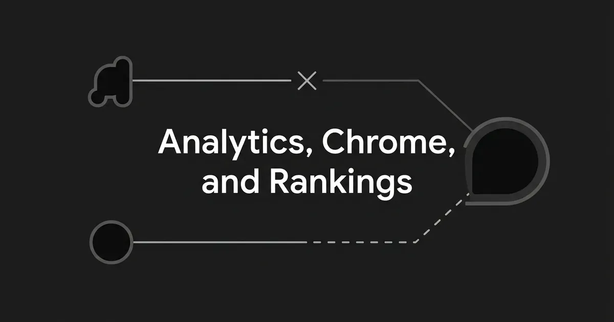 An abstract diagram on a dark background showing two data sources connecting toward a ranking symbol, one line blocked with an X and the other a dashed line, next to the text Analytics, Chrome, and Rankings.