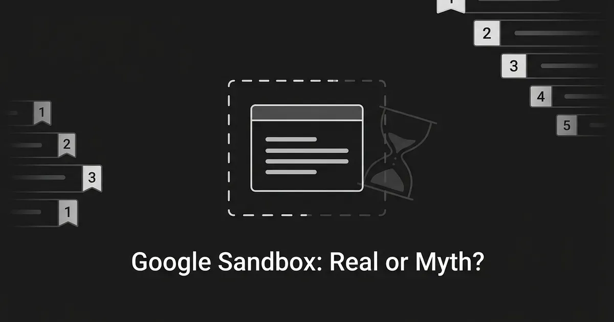 A new webpage card sits inside a dashed, half-drawn enclosure next to an hourglass, with numbered search-result rank markers scattered around it, illustrating the unsettled question of whether the Google sandbox is real.
