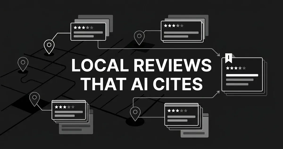 Monochrome flat-vector cover showing map-pin location markers linked by thin lines to star-rated review cards that converge into a single AI answer panel, with the centered white cover line "Local reviews that AI cites" on a charcoal background.