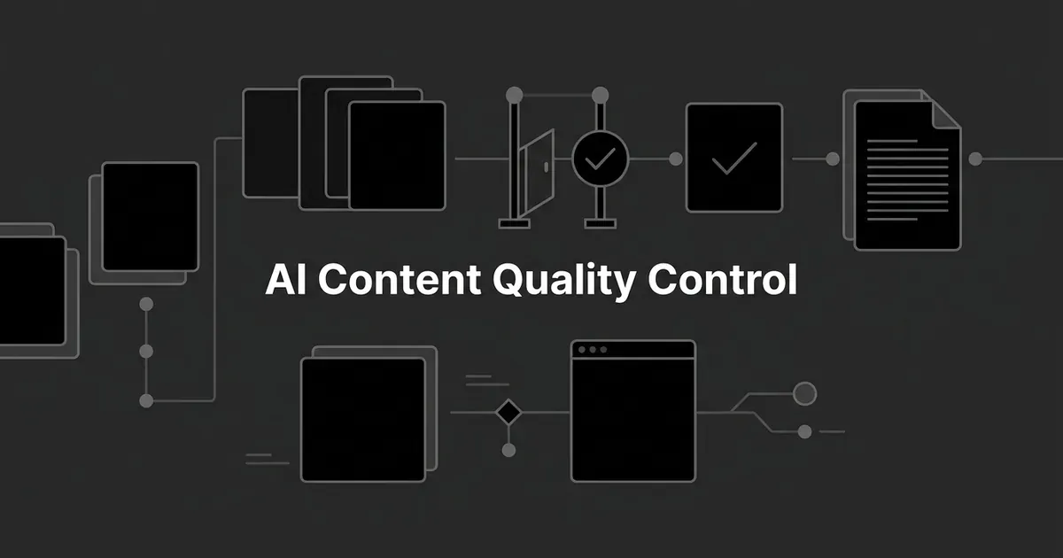A monochrome flat-vector diagram of document cards moving through a review gate with checkmarks, illustrating a quality control checkpoint for AI-generated content, with the words AI Content Quality Control centered on a charcoal background.