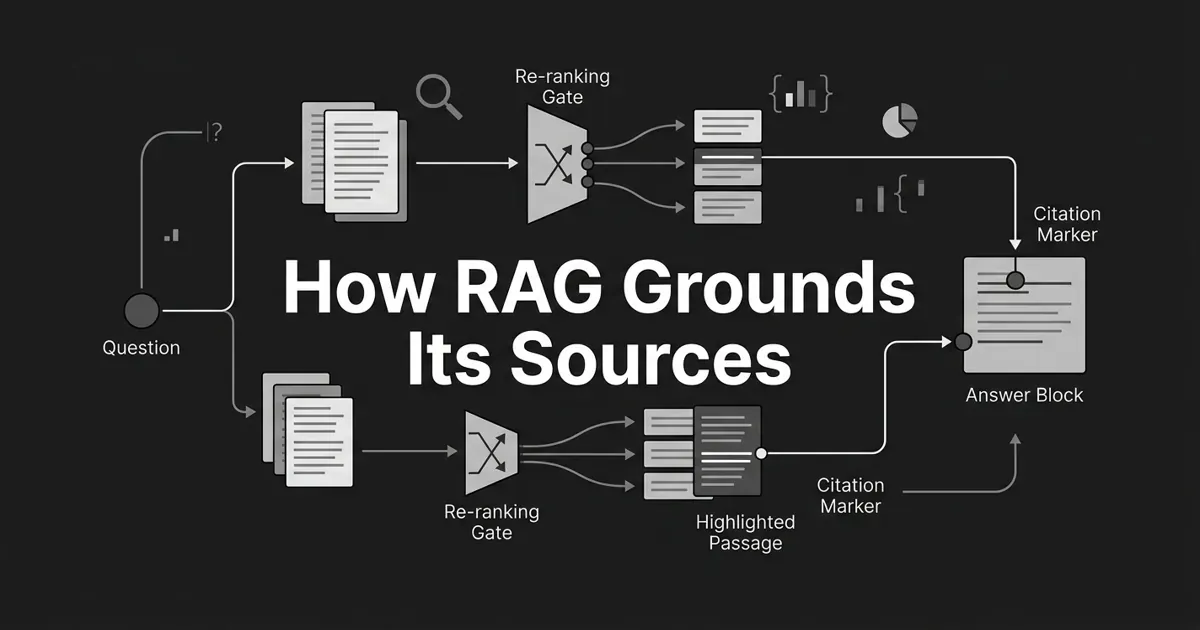 Monochrome pipeline diagram on a charcoal background showing a question flowing through document chunks and re-ranking gates to a highlighted passage and citation markers on an answer block, under the white cover line How RAG Grounds Its Sources.