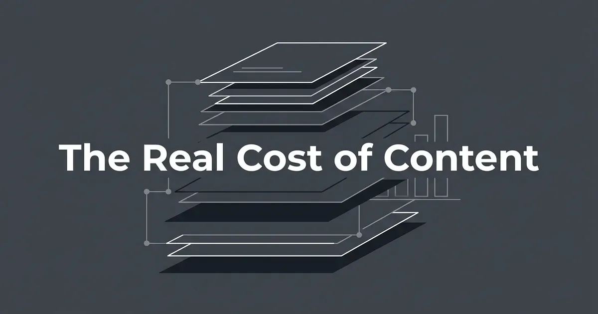 Layered flat cards stacked like a cost stack in white and gray linework on a charcoal background, with the cover line The Real Cost of Content across the center.
