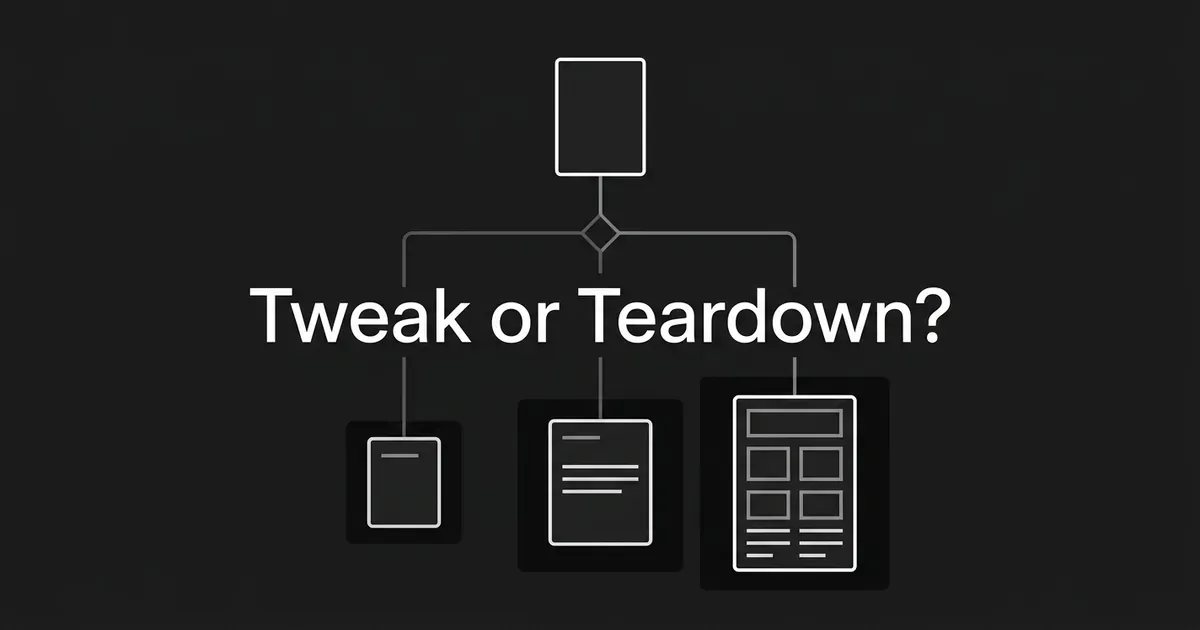 A monochrome diagram of one page card branching through a gate into three cards of increasing size, under the centered line Tweak or Teardown.