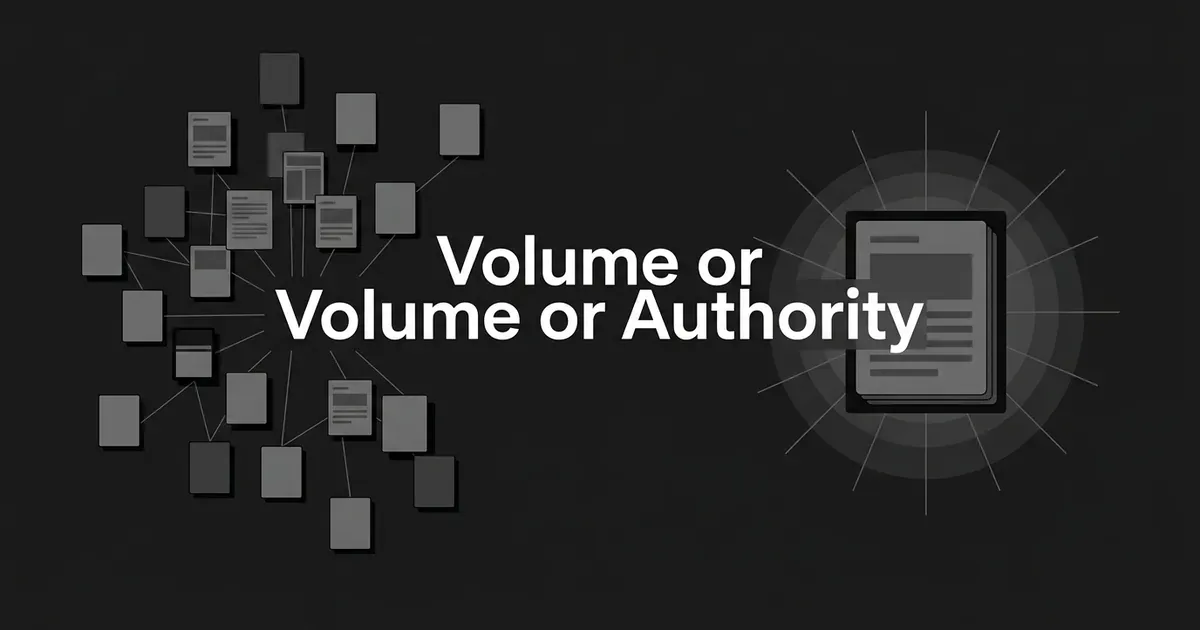 A monochrome illustration on a charcoal background showing a cluster of many small connected page cards on the left and one larger, radiating page card on the right, with the words Volume or Authority as the cover line.
