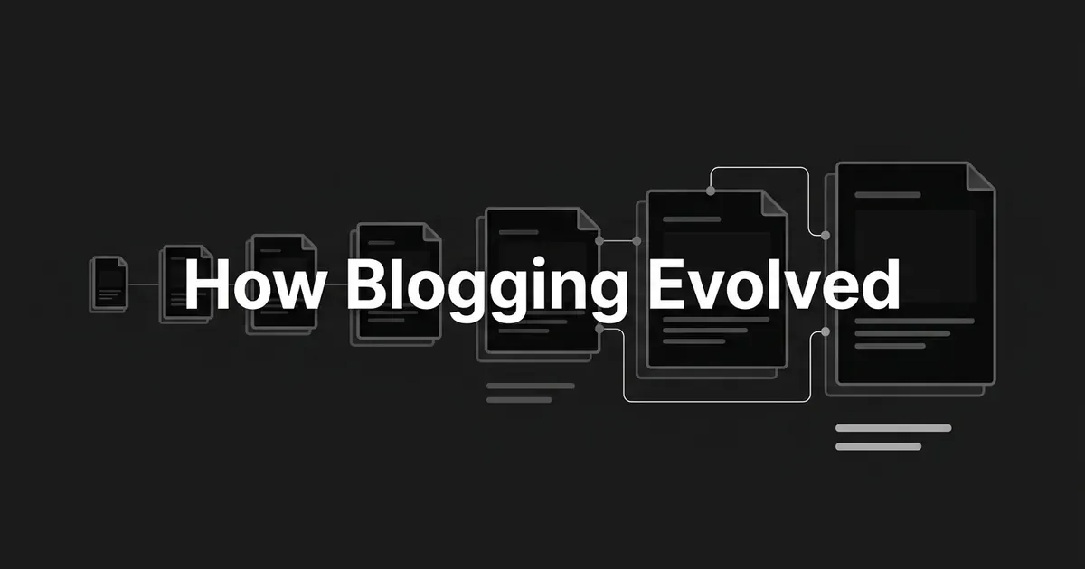 A row of page cards growing larger and more connected from left to right behind the white cover line How Blogging Evolved, on a charcoal background.
