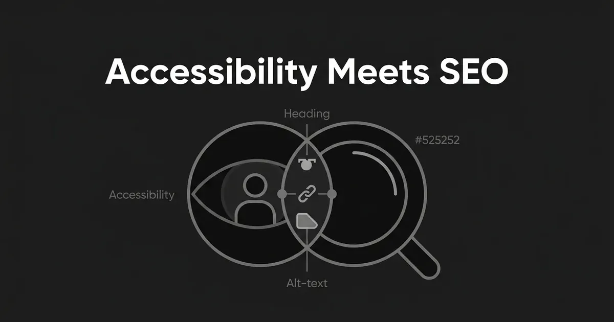 An overlapping eye icon representing accessibility and a magnifying glass representing SEO, connected by a heading mark, link icon, and alt-text tag in the shared middle zone, under the headline Accessibility Meets SEO.