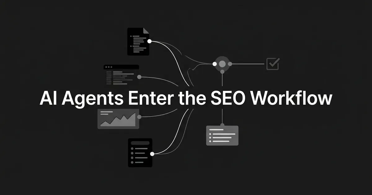 An abstract monochrome diagram showing four data-source icons, a report, a browser page, a chart, and a list, feeding into a central hub that connects to a checkmark and a summary card, illustrating an AI agent routing SEO data into a reviewed output.