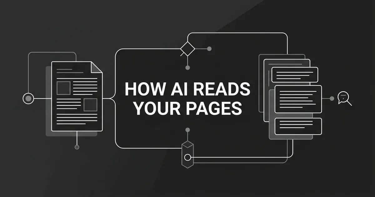A monochrome abstract diagram showing a web page flowing through nodes and connection lines into stacked text-chunk cards, with the centered white cover line "How AI Reads Your Pages" on a charcoal background.