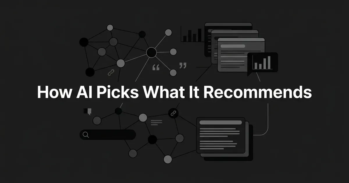 An abstract monochrome network of connected nodes, quote marks, a search bar, and layered document cards around the white headline How AI Picks What It Recommends on a charcoal background.