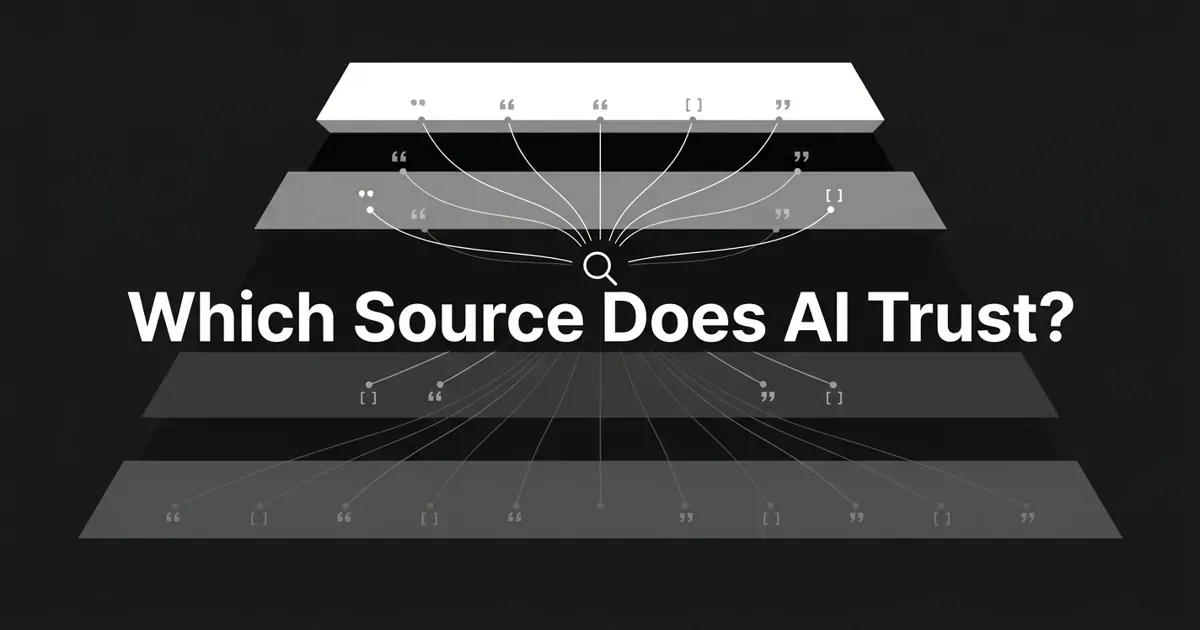 Monochrome abstract diagram of a four-tier source trust hierarchy, with white connection lines fanning from a central answer glyph toward the upper tiers and the centered cover line "Which Source Does AI Trust?" on a charcoal background.