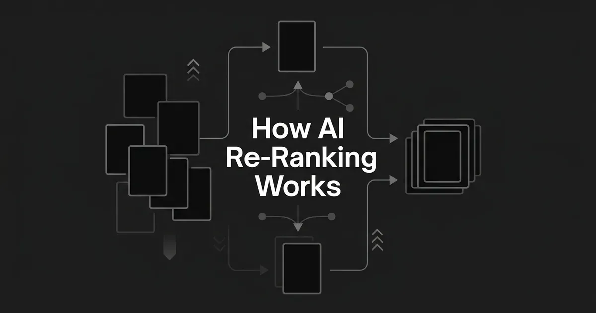An abstract monochrome diagram showing a loose cluster of document cards being scored and reordered by a node-and-line signal into a tighter, shorter stack, illustrating the AI re-ranking step.