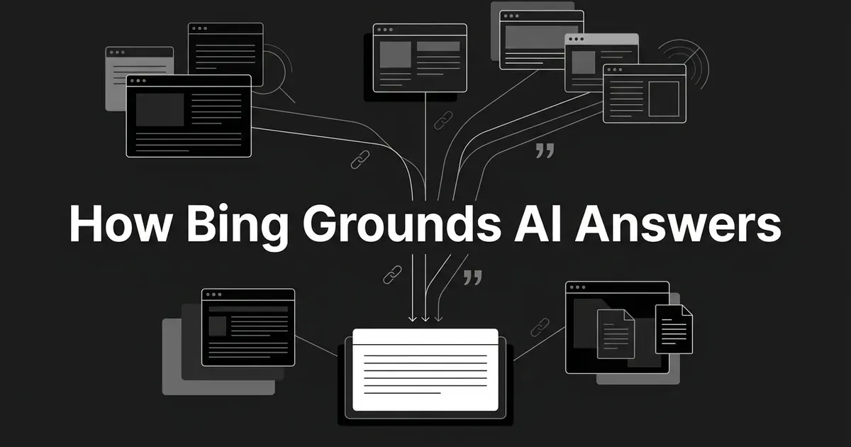 An illustration of scattered webpage cards linked by lines that converge into a single answer card, representing how Bing grounds AI answers in web sources.