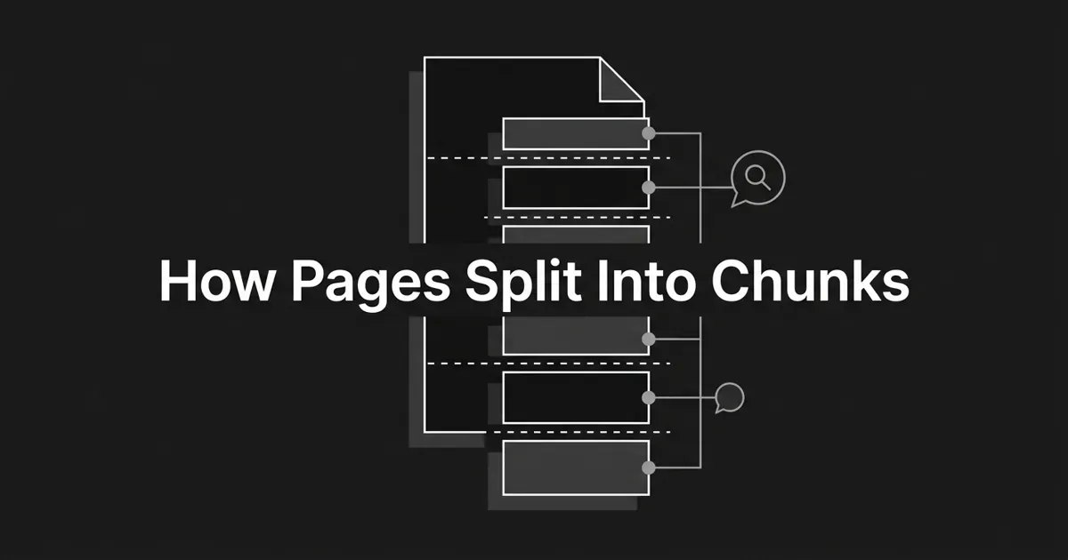 A monochrome flat-vector illustration of a single page splitting into a vertical stack of separate chunk cards along dashed cut lines, with the centered white cover line How Pages Split Into Chunks.