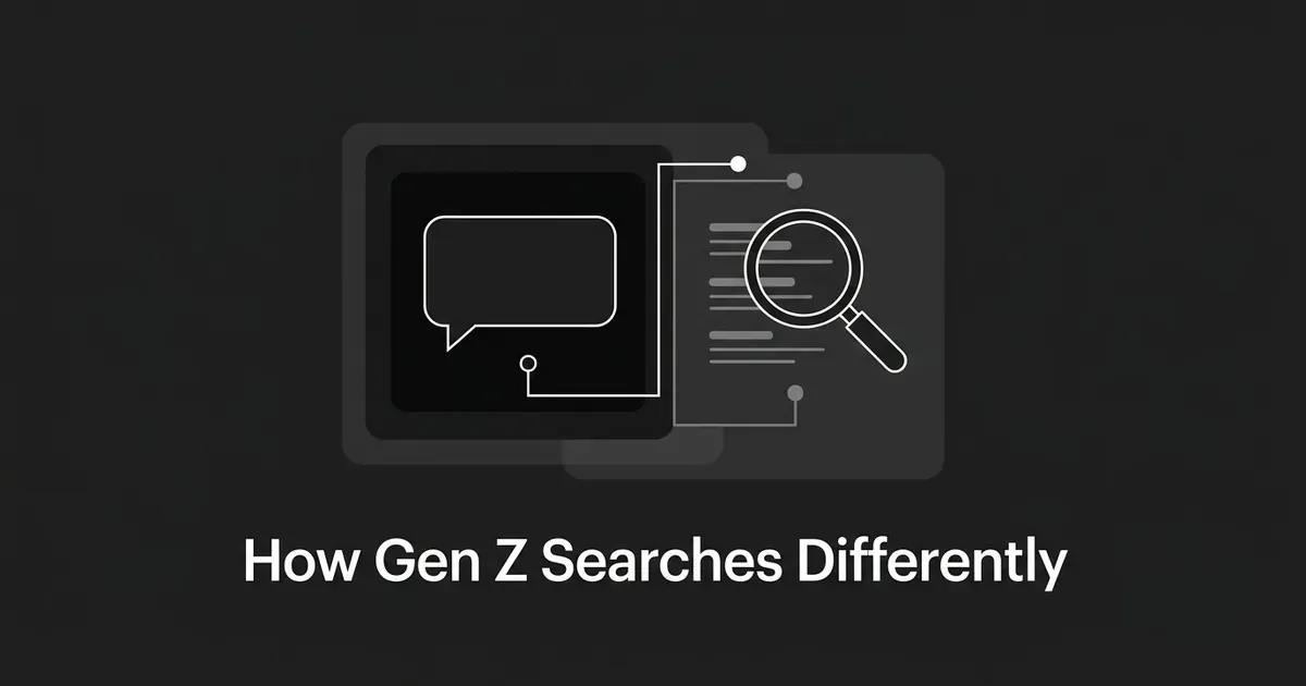 A monochrome illustration of a chat bubble icon connected to a magnifying glass over search result lines, with the text How Gen Z Searches Differently.