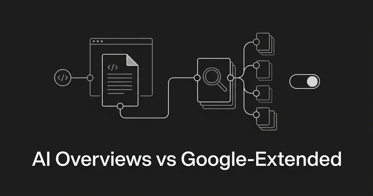 Monochrome charcoal cover with white linework: a rendered web page flowing into a search-and-answer motif with branching query fan-out nodes, a separate disconnected toggle beside it, and the centered cover line AI Overviews vs Google-Extended.