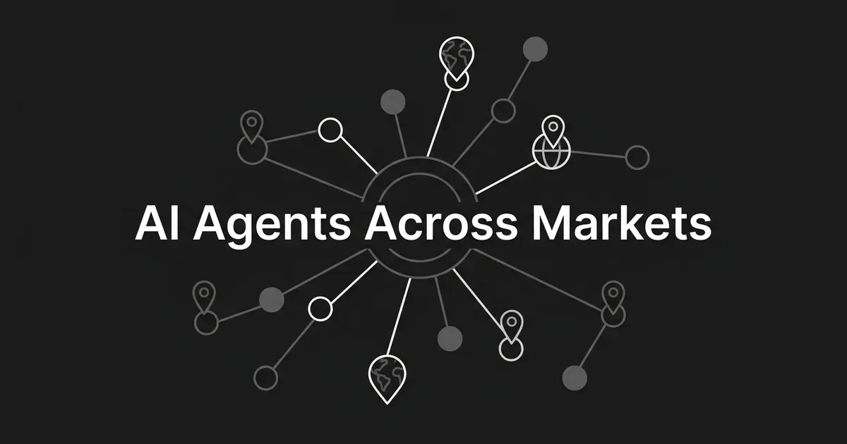A monochrome illustration of a central hub node connected by lines to map-pin and globe icons radiating outward, with the text AI Agents Across Markets centered on a dark background.