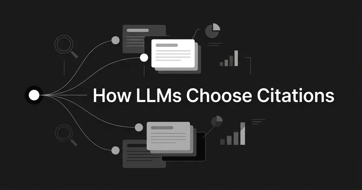 Monochrome flat-vector diagram of one question node fanning out along connection lines to layered source cards, with one highlighted card representing the chosen citation, under the white cover line How LLMs Choose Citations.