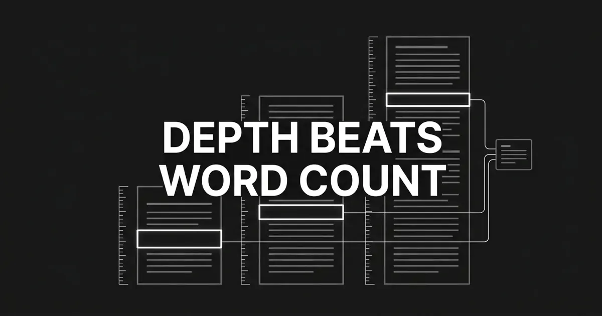 Monochrome illustration of three article columns of different lengths, each with one white-outlined passage linked by thin lines to a single small answer card, under the centered cover line Depth Beats Word Count.