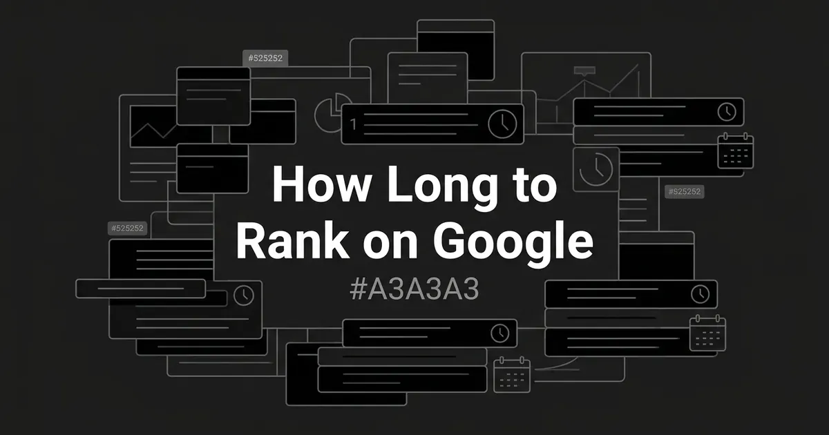 Monochrome illustration of browser windows, bar and line charts, clocks, and calendar icons arranged around the centered white title text How Long to Rank on Google on a charcoal background.