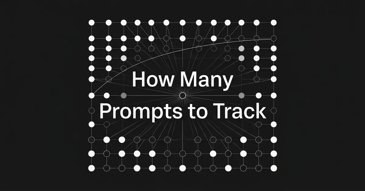 Monochrome flat-vector cover showing a grid of prompt nodes, some filled and some empty, converging on a central answer node with a flattening diminishing-returns curve, under the cover line How Many Prompts to Track.