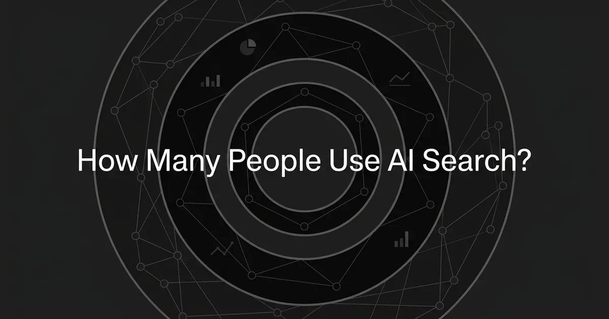 Abstract monochrome illustration of concentric rings made of connected nodes and small chart fragments, narrowing toward the center, with the headline How Many People Use AI Search overlaid in white text on a charcoal background.