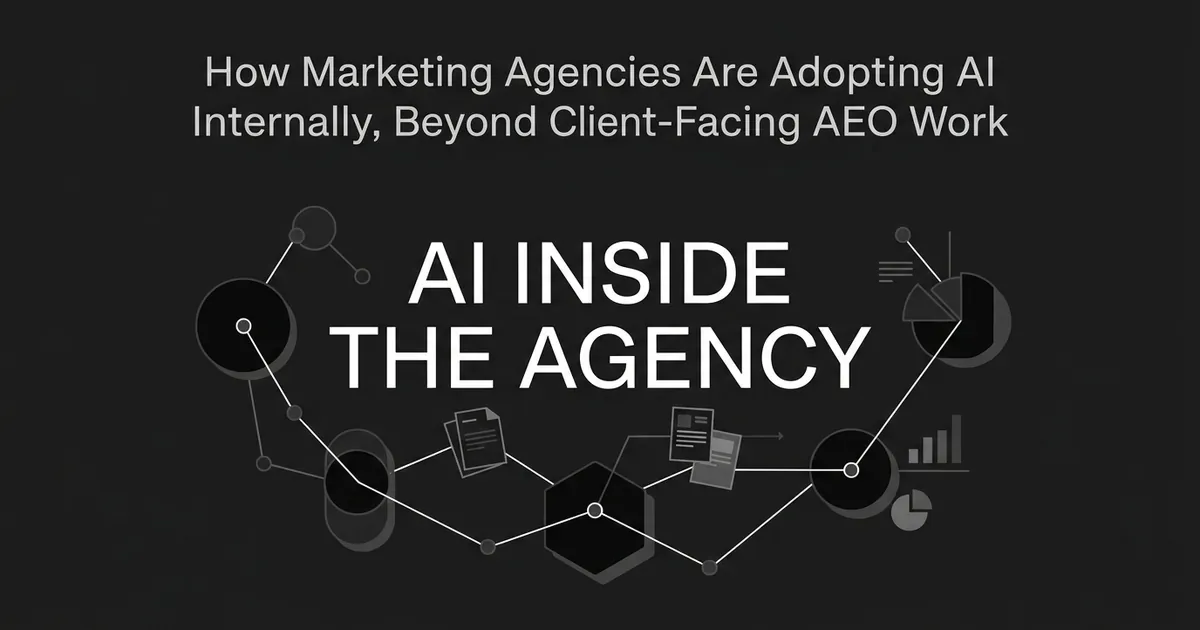 Abstract monochrome illustration of connected nodes, document icons, and a chart fragment linked in a network on a charcoal background, with the cover line AI Inside the Agency.