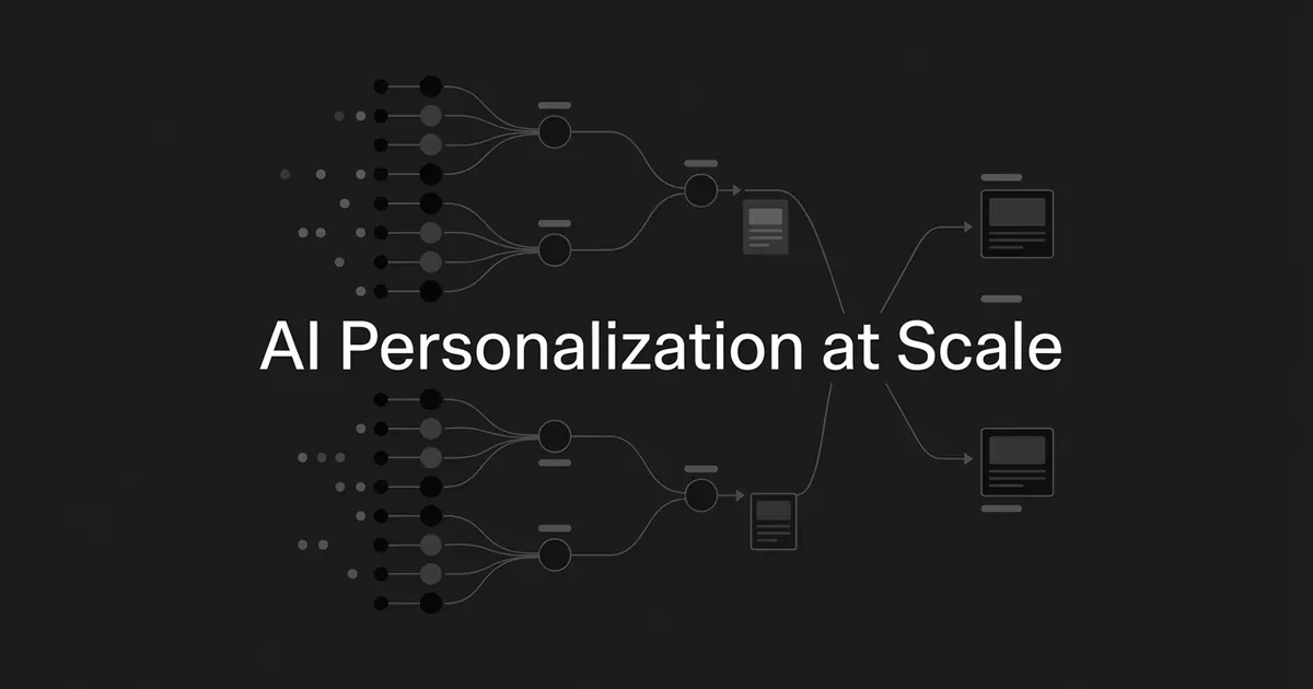 A monochrome diagram of scattered customer data points branching through decision nodes into a few converging message paths, with the text AI Personalization at Scale on a dark background.