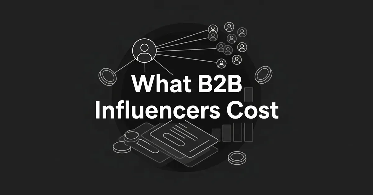Abstract monochrome cover showing a single creator node linked to a cluster of audience nodes, with coins, stacked cards and bar fragments around the line What B2B Influencers Cost.