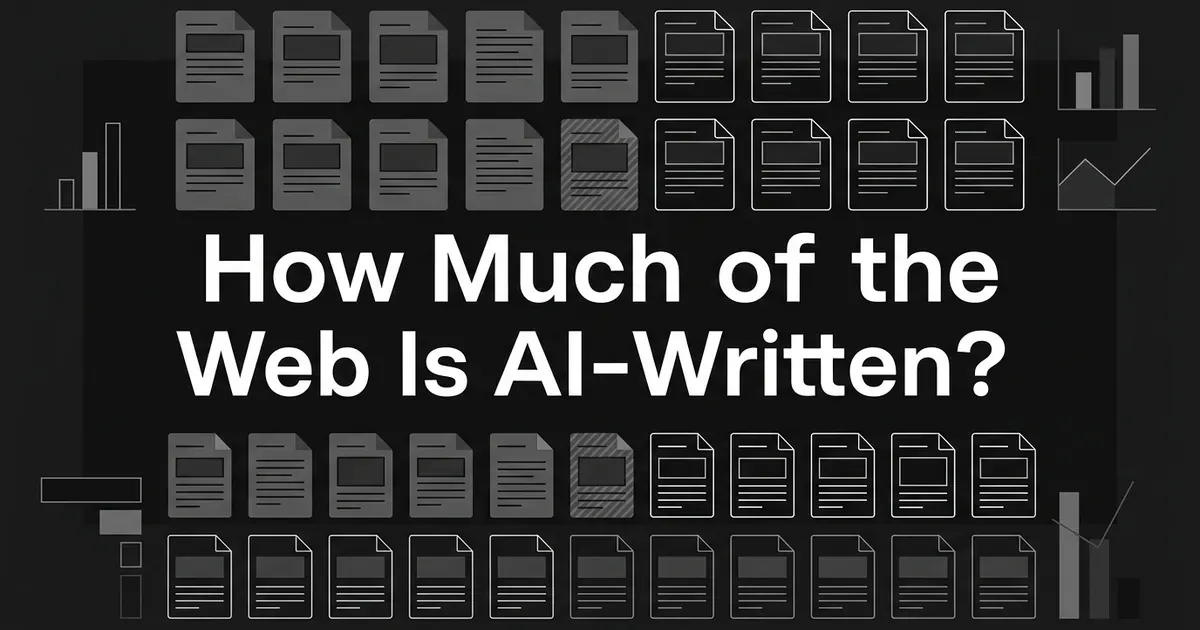 A grid of flat page icons in dark gray and white outline styles, split into two groups to represent AI-written and human-written web pages, with abstract bar and line chart fragments around the edges, above the text How Much of the Web Is AI-Written on a charcoal background.