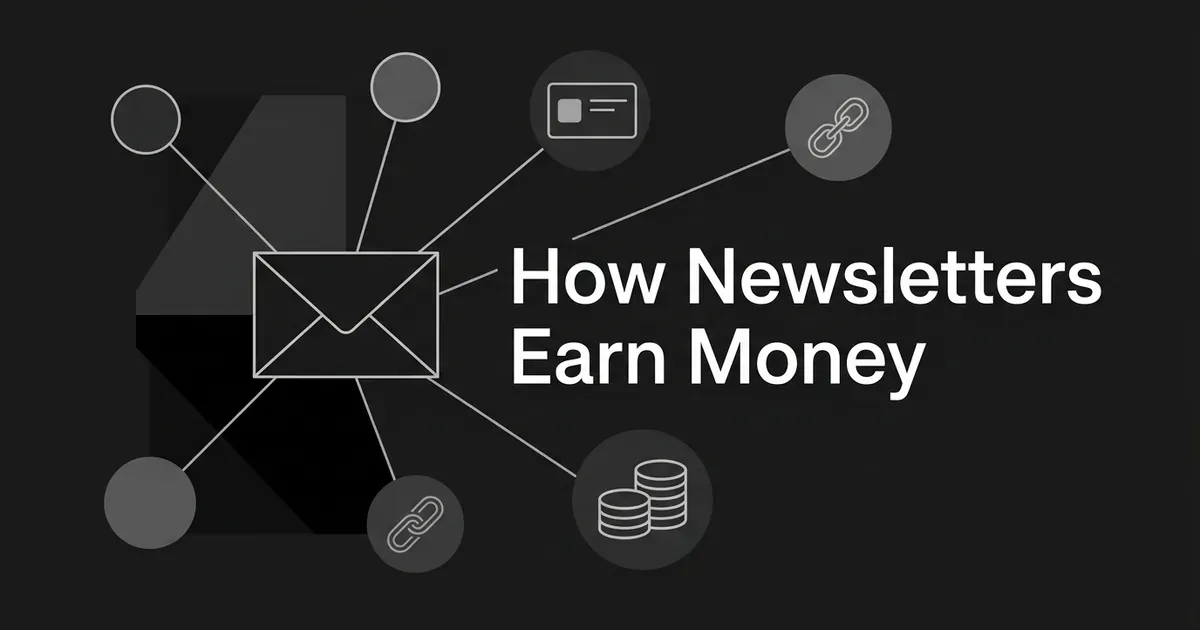 An envelope connected by thin lines to circles, a card, chain links and a stack of coins beside the words How Newsletters Earn Money on a charcoal background.