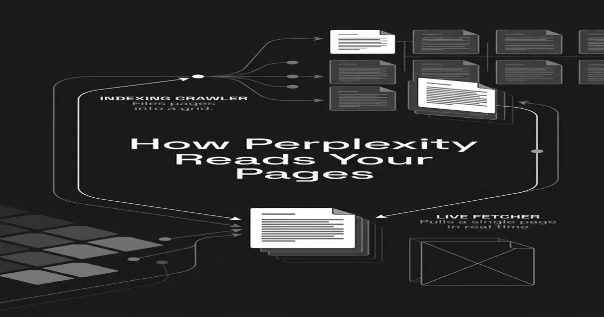 Monochrome geometric illustration of two Perplexity bot paths reaching page cards, one indexing pages into a grid and one live-fetching a single page, with a readable page card beside an empty wireframe shell, under the cover line How Perplexity Reads Your Pages.