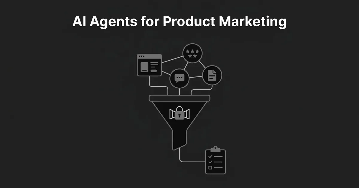 A monochrome diagram showing competitor evidence sources, a review, a chat message, and a document, flowing into a funnel with an approval gate icon, then out to a launch checklist, illustrating AI agents for product marketing.