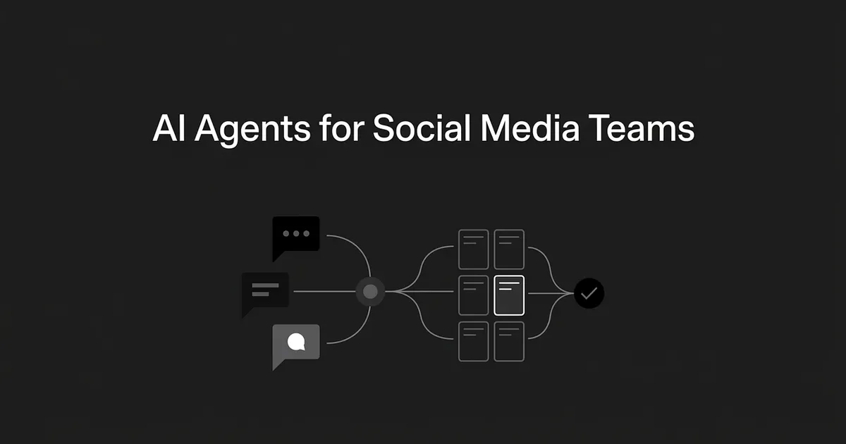 A diagram in monochrome flat vector style shows three chat and comment icons feeding into a central node, branching out to a grid of queue cards with one highlighted, then routing to a checkmark, illustrating an AI agent classifying and routing social messages toward a human checkpoint.