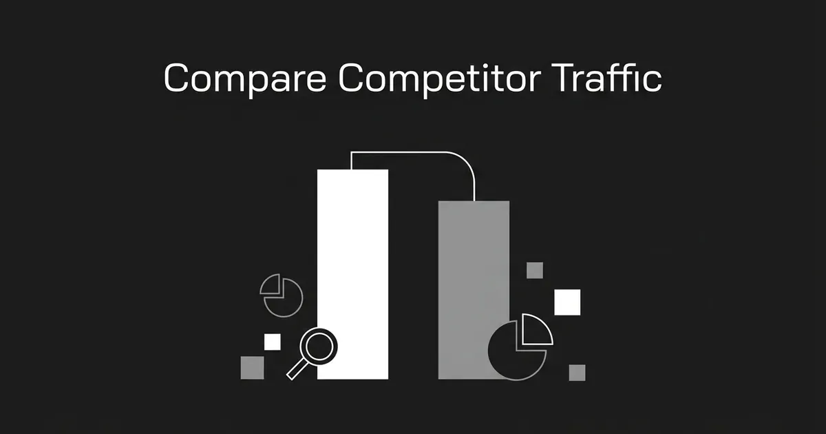 A monochrome illustration of two bar-chart columns of different heights connected by a thin line, with a magnifying glass and pie-chart fragments around them, under the text Compare Competitor Traffic.