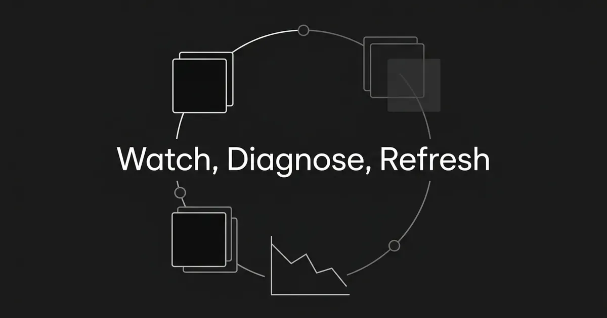 A monochrome cover reading Watch, Diagnose, Refresh, set inside a ring of connected page cards and a descending line chart, standing for a continuous content monitoring loop.