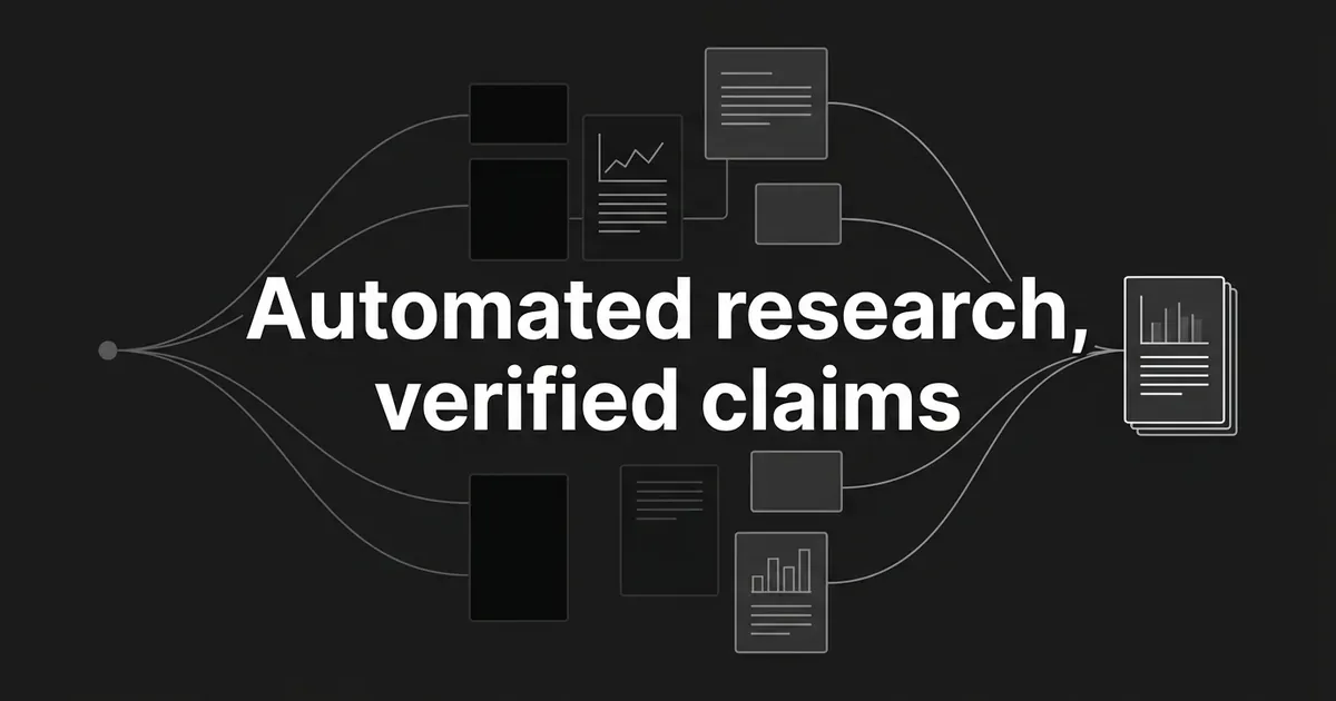 A monochrome diagram in which a single point fans out along thin lines into a spread of document and chart cards that converge again into one stacked packet, behind the white cover line reading Automated research, verified claims.