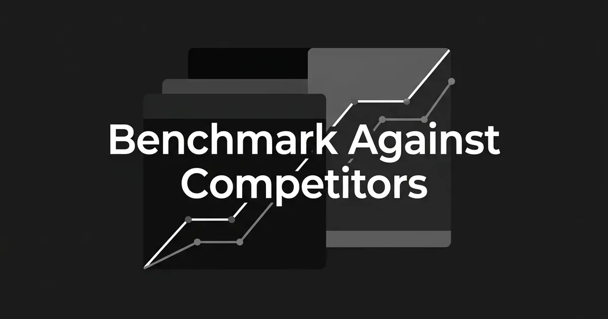 A monochrome illustration of two rising line-chart trends layered over stacked panel cards, with the words Benchmark Against Competitors centered in white on a charcoal background.